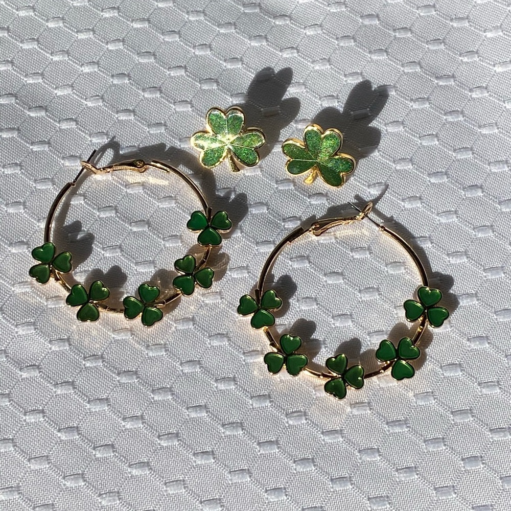 Green Clover Gold Tone Earring Lot For St. Patrick’s Day
